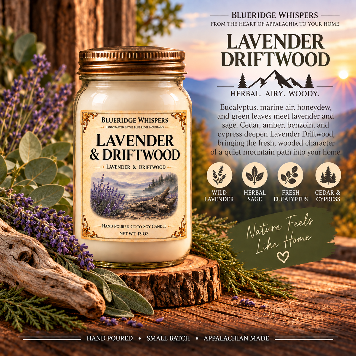 Lavender Driftwood – Calming Coco-Soy Candle with its existing label and scent accents against the Blue Ridge Mountains.