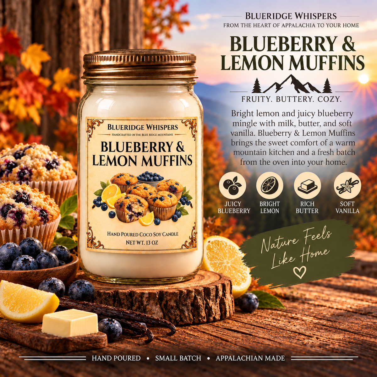 Blueberry & Lemon Muffins – Bakery Coco-Soy Candle with its existing label and scent accents against the Blue Ridge Mountains.