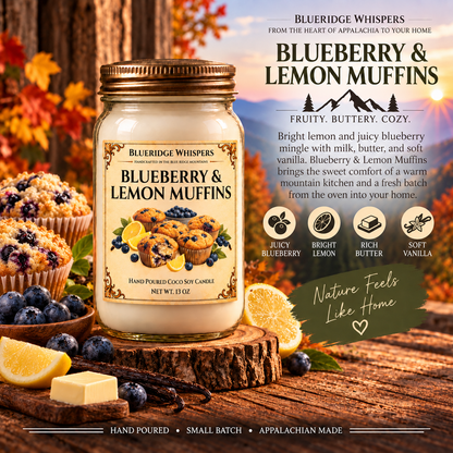 Blueberry & Lemon Muffins – Bakery Coco-Soy Candle with its existing label and scent accents against the Blue Ridge Mountains.