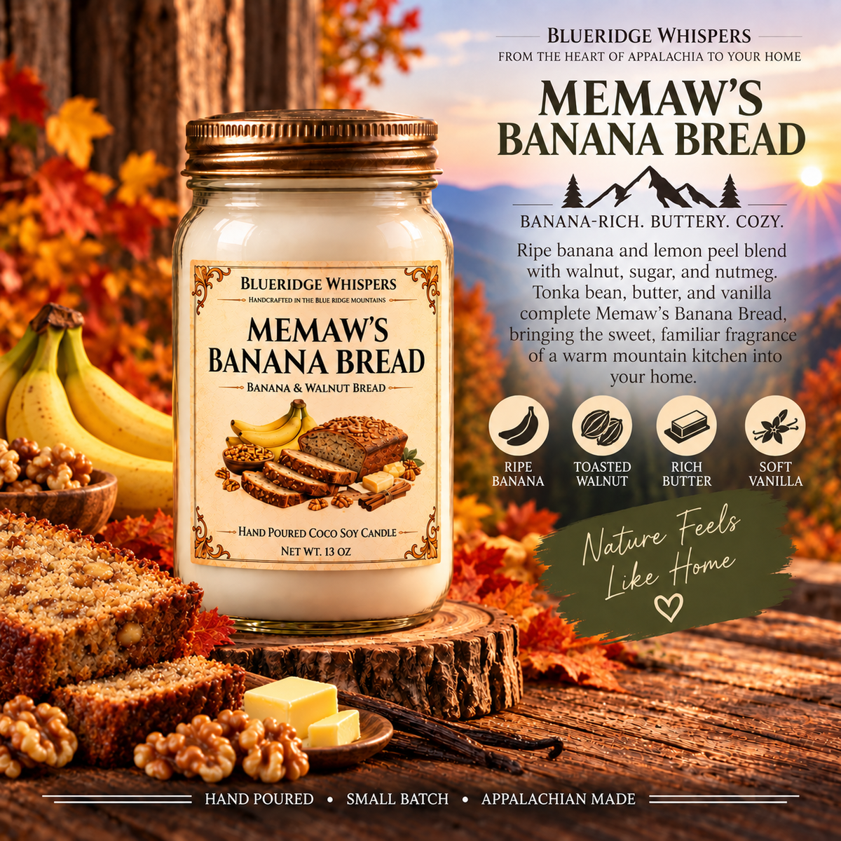 Memaw’s Banana Bread – Bakery Coco-Soy Candle with its existing label and scent accents against the Blue Ridge Mountains.