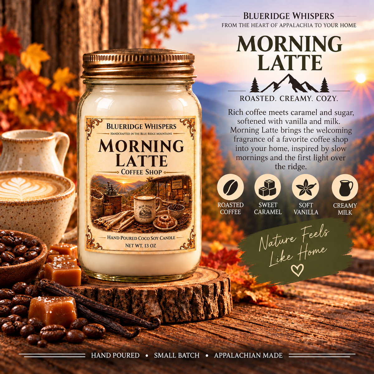 Morning Latte – Coffee Shop Coco-Soy Candle with its existing label and scent accents against the Blue Ridge Mountains.