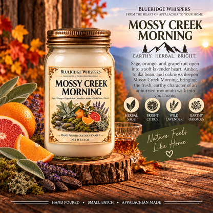 Mossy Creek Morning – Oakmoss & Sage Coco-Soy Candle with its existing label and scent accents against the Blue Ridge Mountains.