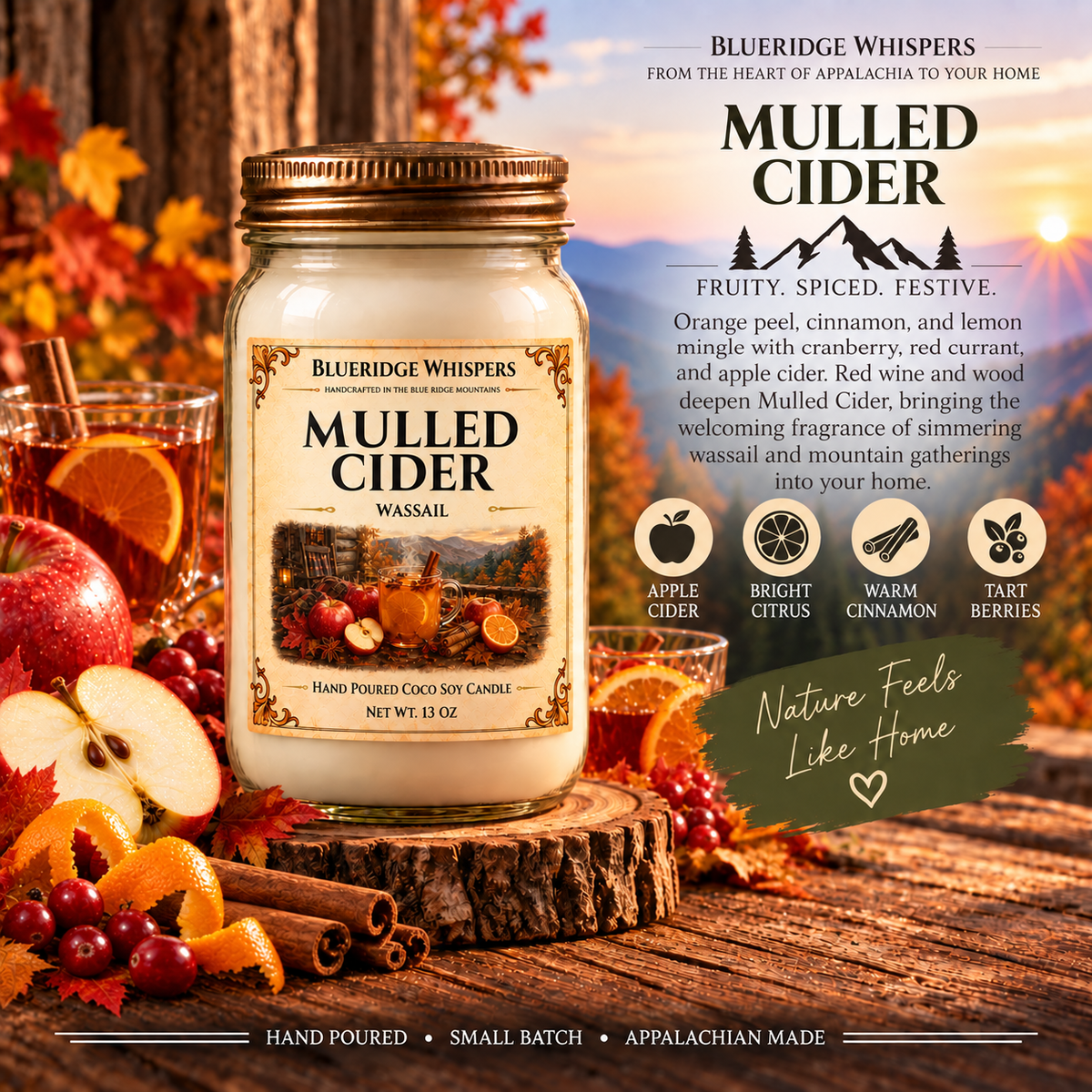 Mulled Cider – Wassail Coco-Soy Candle with its existing label and scent accents against the Blue Ridge Mountains.
