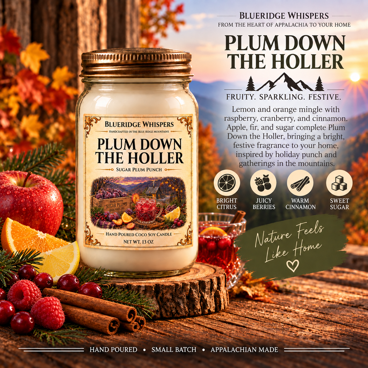 Plum Down the Holler – Sugar Plum Coco-Soy Candle with its existing label and scent accents against the Blue Ridge Mountains.