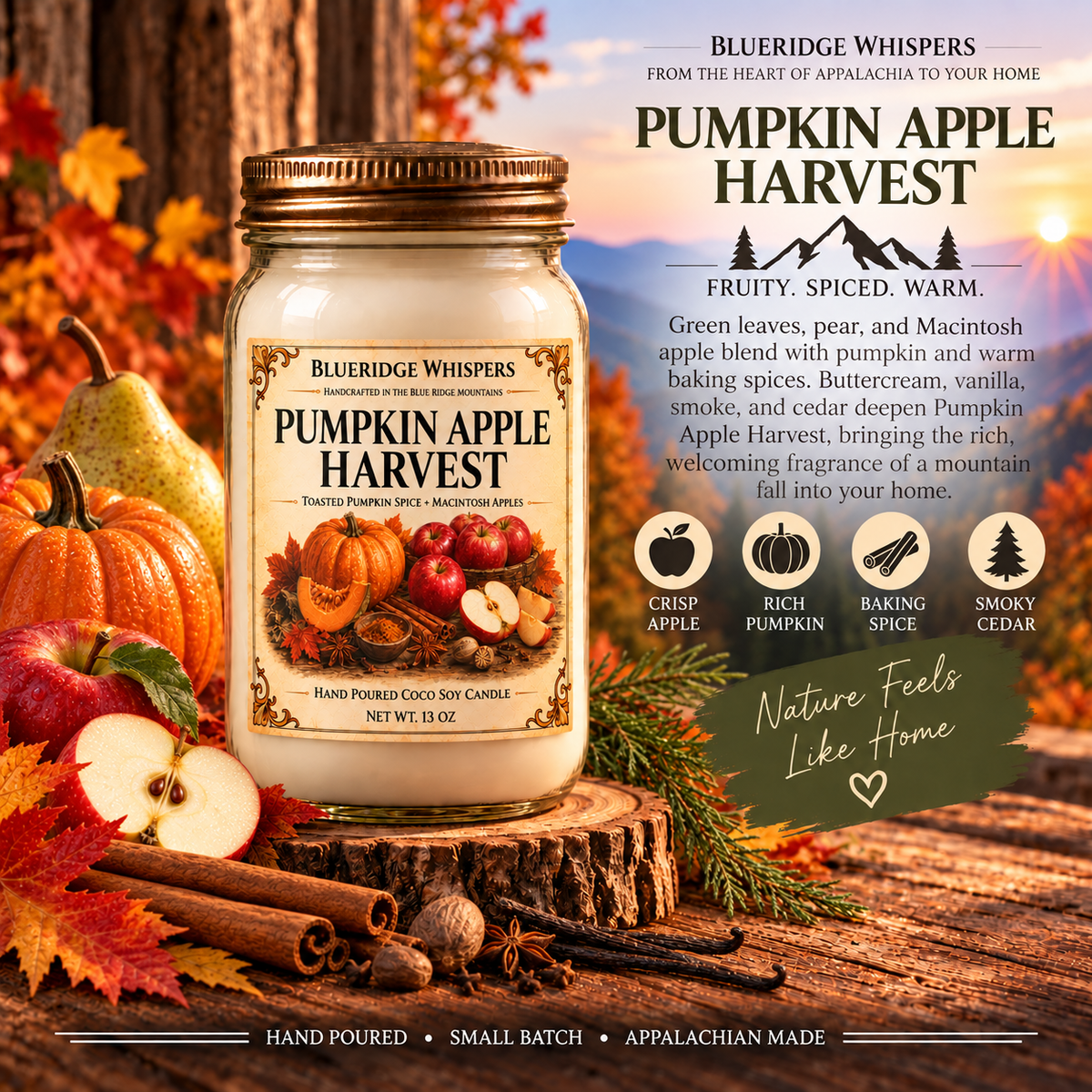 Pumpkin Apple Harvest – Fall Coco-Soy Candle with its existing label and scent accents against the Blue Ridge Mountains.