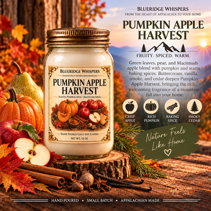 Pumpkin Apple Harvest – Fall Coco-Soy Candle with its existing label and scent accents against the Blue Ridge Mountains.