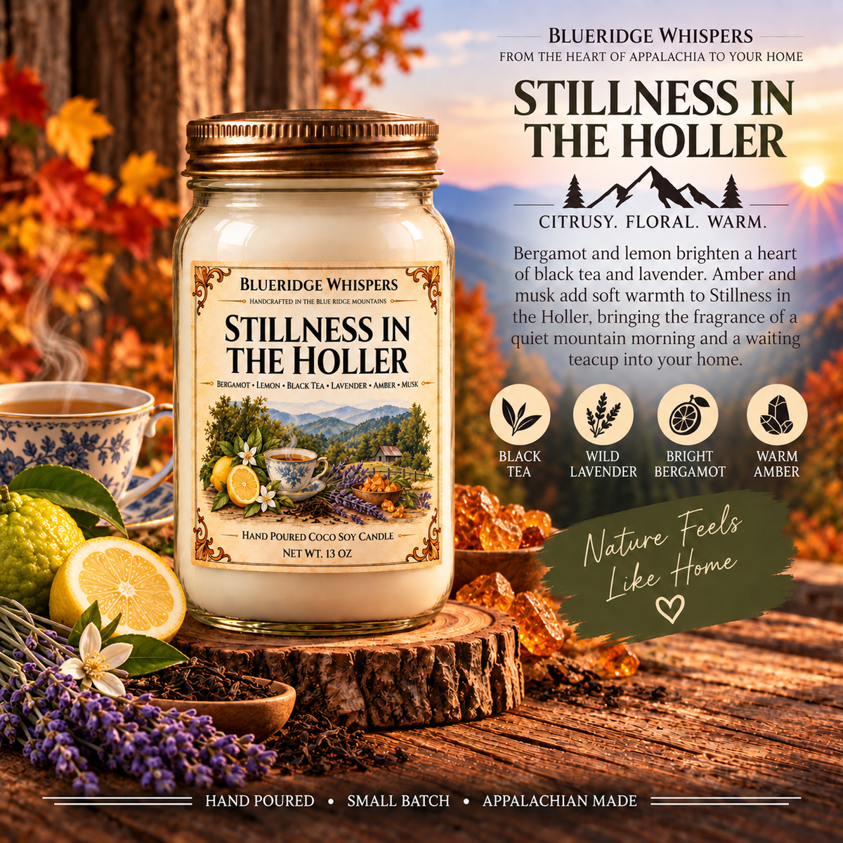 Stillness in the Holler – Black Tea & Lavender Coco-Soy Candle with its existing label and scent accents against the Blue Ridge Mountains.