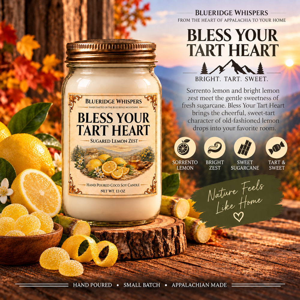 Bless Your Tart Heart – Sugared Lemon Zest Candle with its existing label and scent accents against the Blue Ridge Mountains.