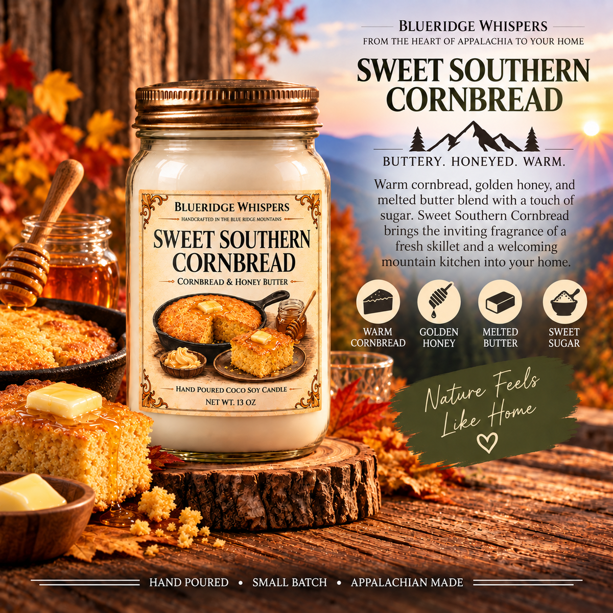 Sweet Southern Cornbread – Honey Butter Coco-Soy Candle with its existing label and scent accents against the Blue Ridge Mountains.