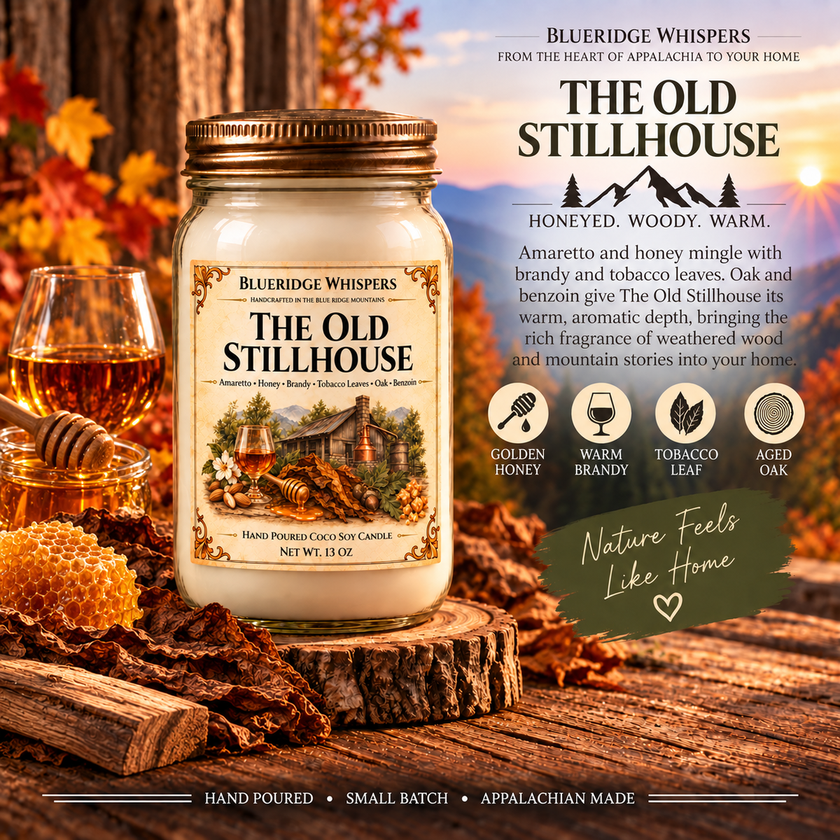 The Old Stillhouse – Tobacco & Honey Coco-Soy Candle with its existing label and scent accents against the Blue Ridge Mountains.