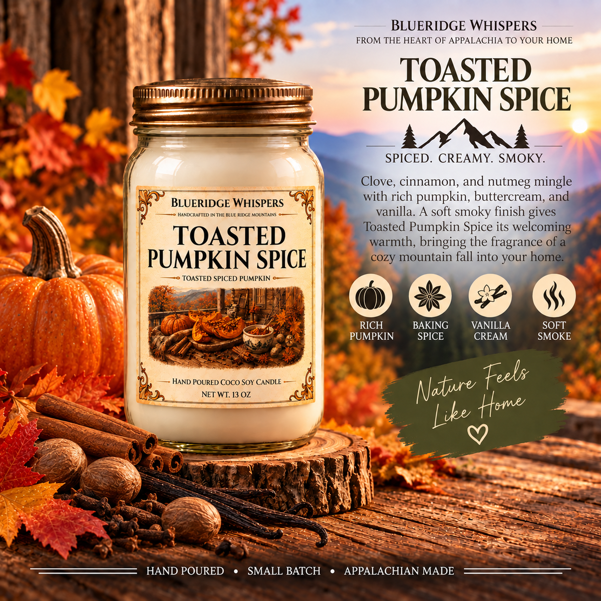 Toasted Pumpkin Spice – Smoky Fall Coco-Soy Candle with its existing label and scent accents against the Blue Ridge Mountains.