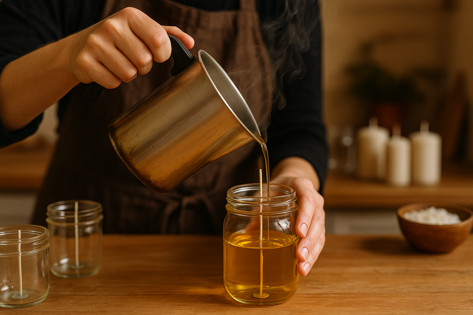 Candlemaker pouring candle into clear mason jar