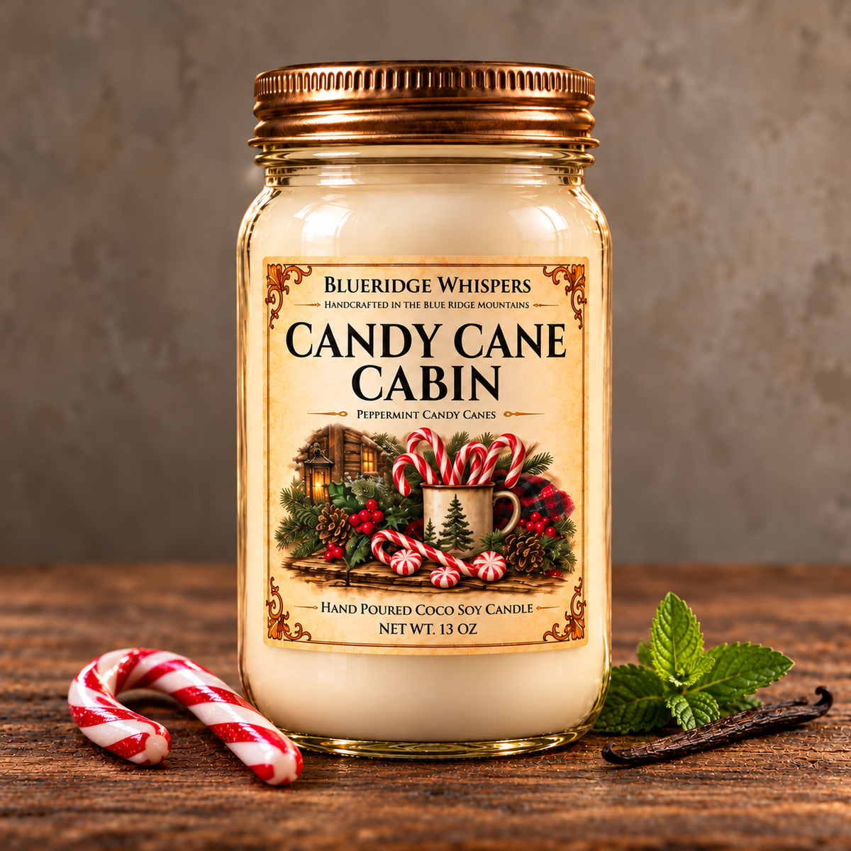 Candy Cane Cabin – Peppermint Coco-Soy Candle on weathered wood against a neutral plaster wall with small scent accents.