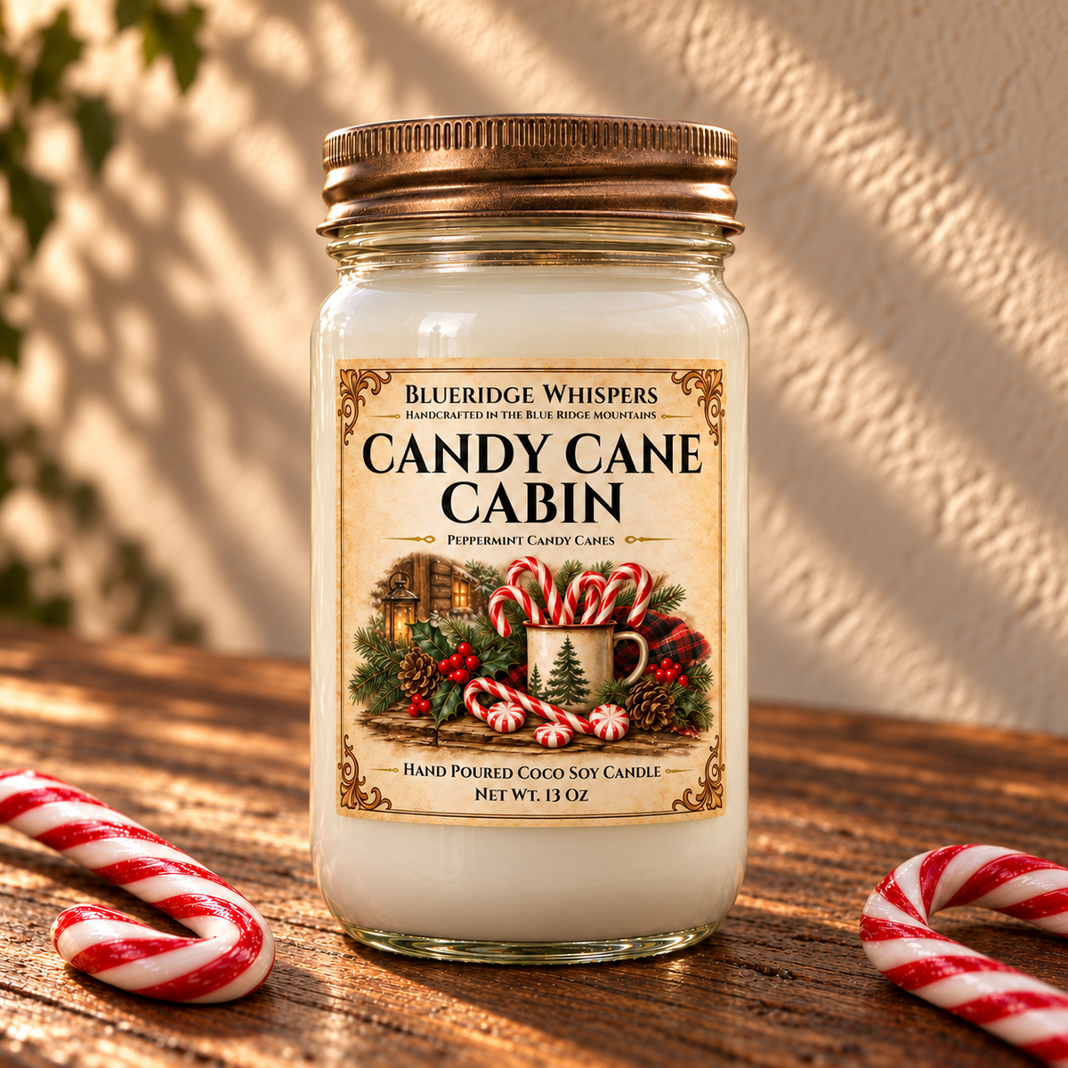 Candy Cane Cabin – Peppermint Coco-Soy Candle on a dark rustic wooden table with scent accents in warm natural light.