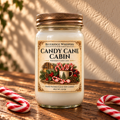 Candy Cane Cabin – Peppermint Coco-Soy Candle on a dark rustic wooden table with scent accents in warm natural light.
