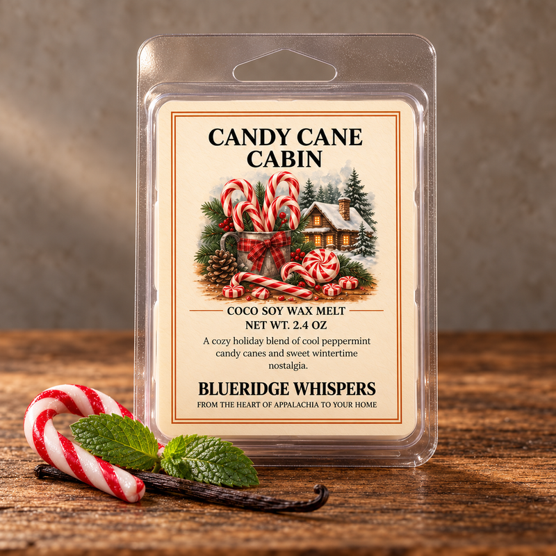 Candy Cane Cabin Wax Melt on weathered wood against a neutral plaster wall with scent accents.