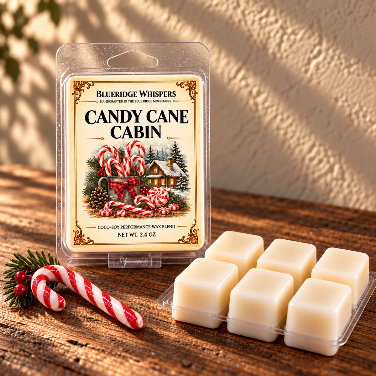 Candy Cane Cabin Wax Melt on a dark rustic wooden table with scent accents in warm natural light.