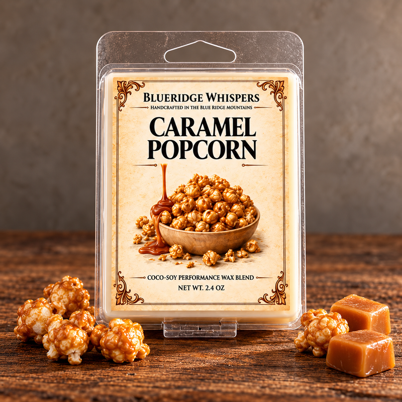 Caramel Popcorn Wax Melts on weathered wood against a neutral plaster wall with scent accents.