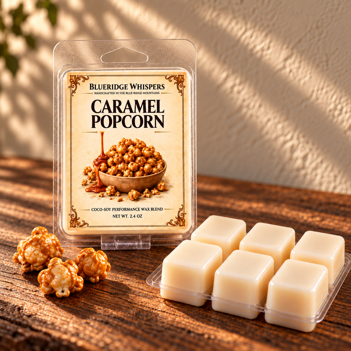 Caramel Popcorn Wax Melts on a dark rustic wooden table with scent accents in warm natural light.