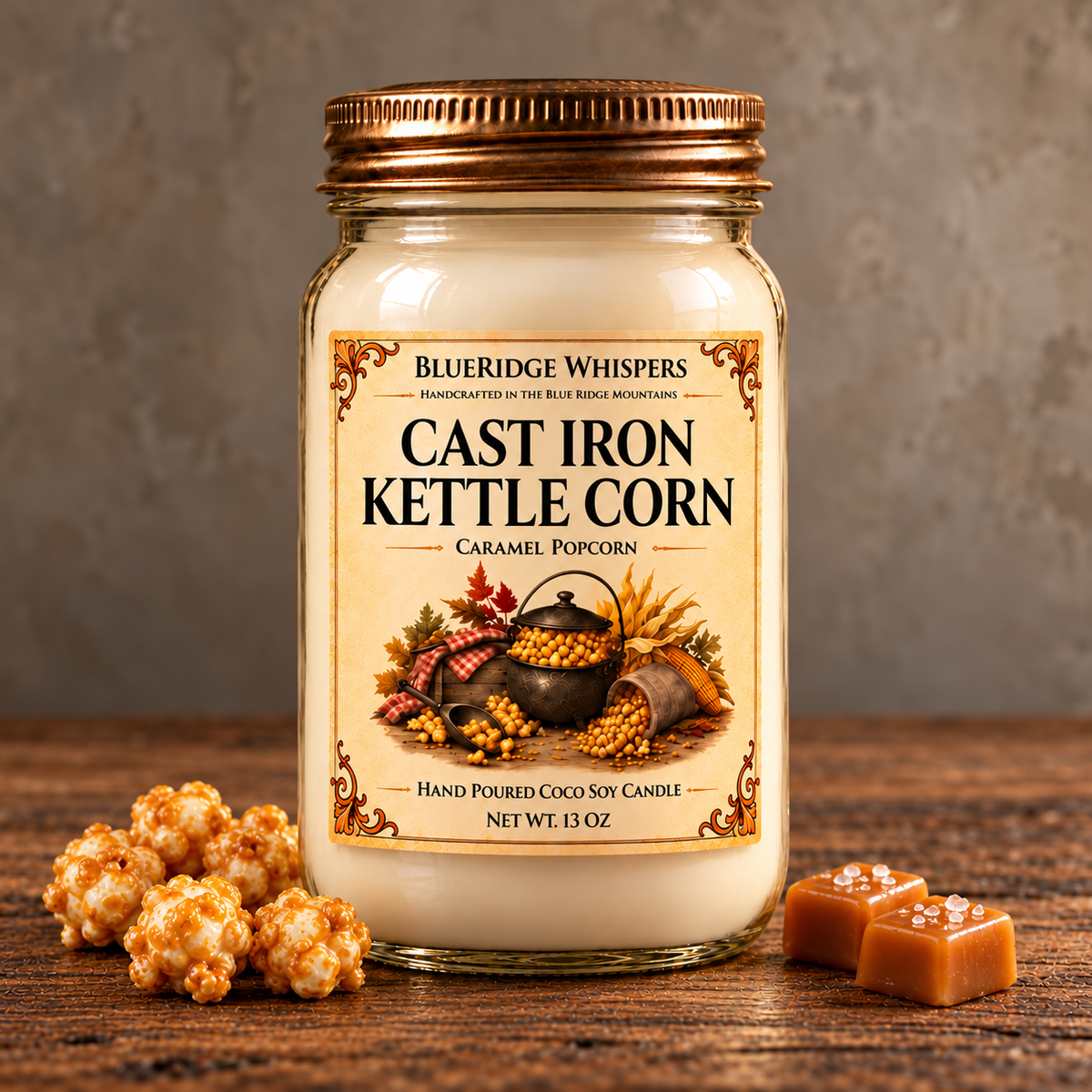 Cast Iron Kettle Corn – Caramel Popcorn Coco-Soy Candle on weathered wood against a neutral plaster wall with small scent accents.