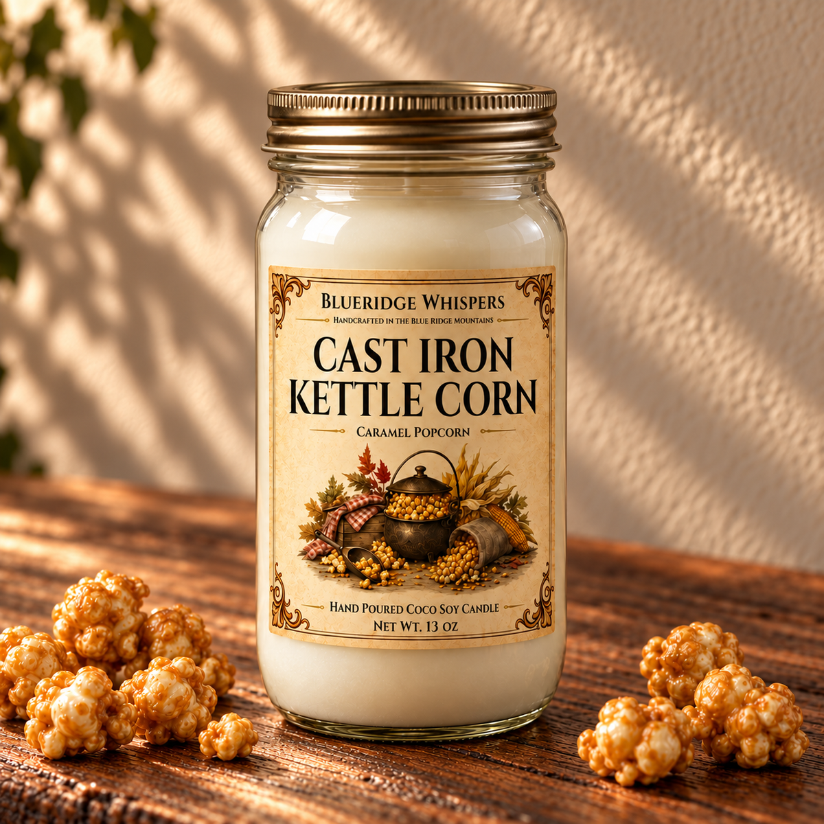 Cast Iron Kettle Corn – Caramel Popcorn Coco-Soy Candle on a dark rustic wooden table with scent accents in warm natural light.