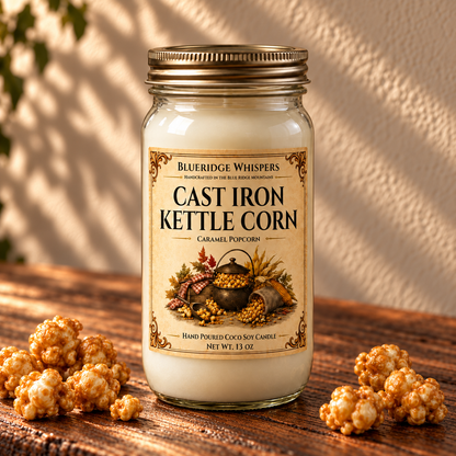 Cast Iron Kettle Corn – Caramel Popcorn Coco-Soy Candle on a dark rustic wooden table with scent accents in warm natural light.