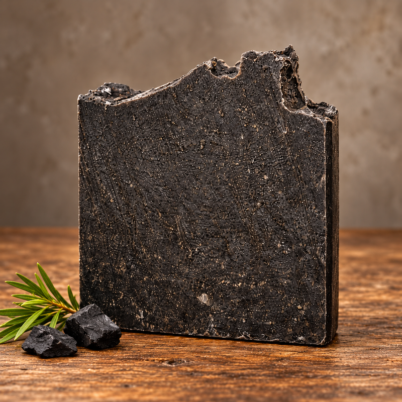 Charcoal & Tea Tree Handcrafted Soap in a rustic indoor setting with ingredient accents
