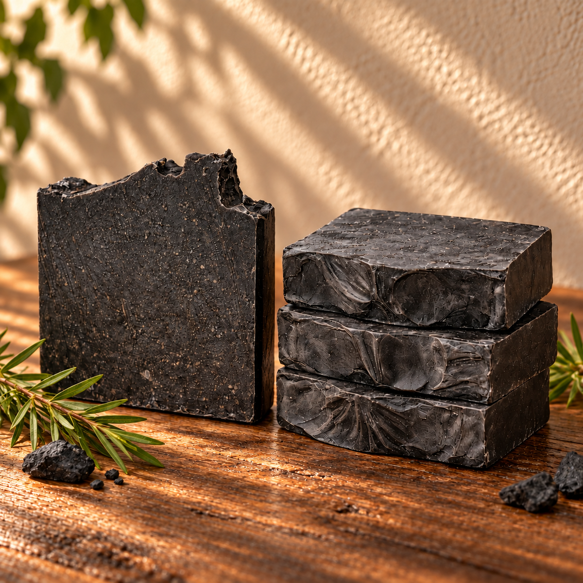 Charcoal & Tea Tree Handcrafted Soap on a dark rustic wooden table with scent accents in warm natural light.