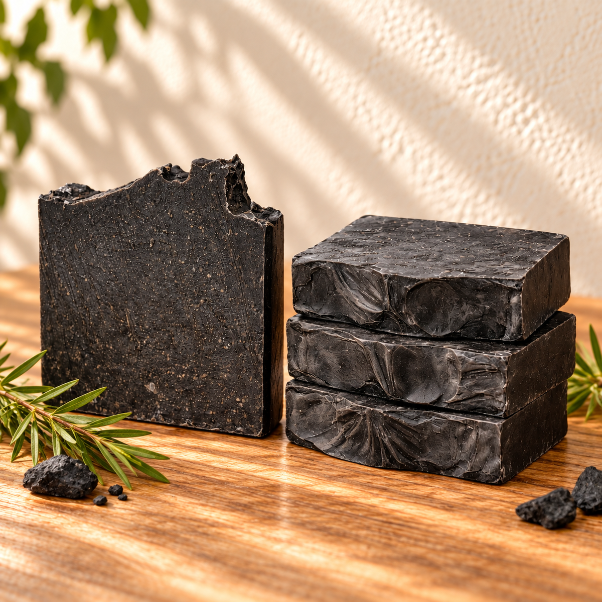 Charcoal & Tea Tree Handcrafted Soap on sunlit wood against an ivory wall.
