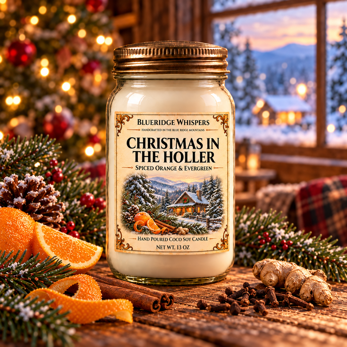 Christmas in the Holler candle beside a glowing Christmas tree and snowy cabin window.