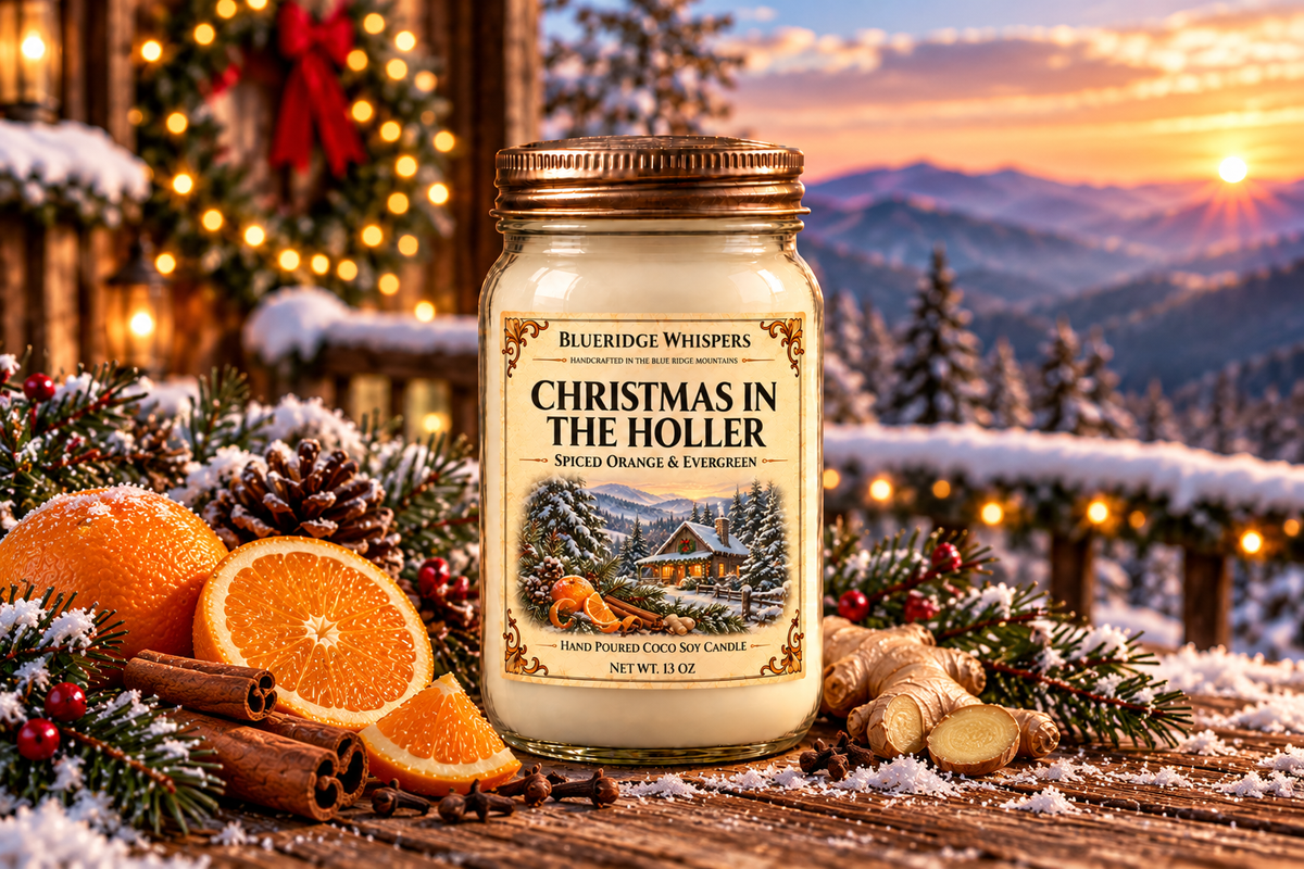 Christmas in the Holler candle on a snowy cabin porch with orange, cinnamon and evergreen accents.