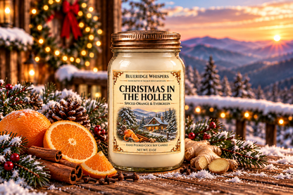 Christmas in the Holler candle on a snowy cabin porch with orange, cinnamon and evergreen accents.