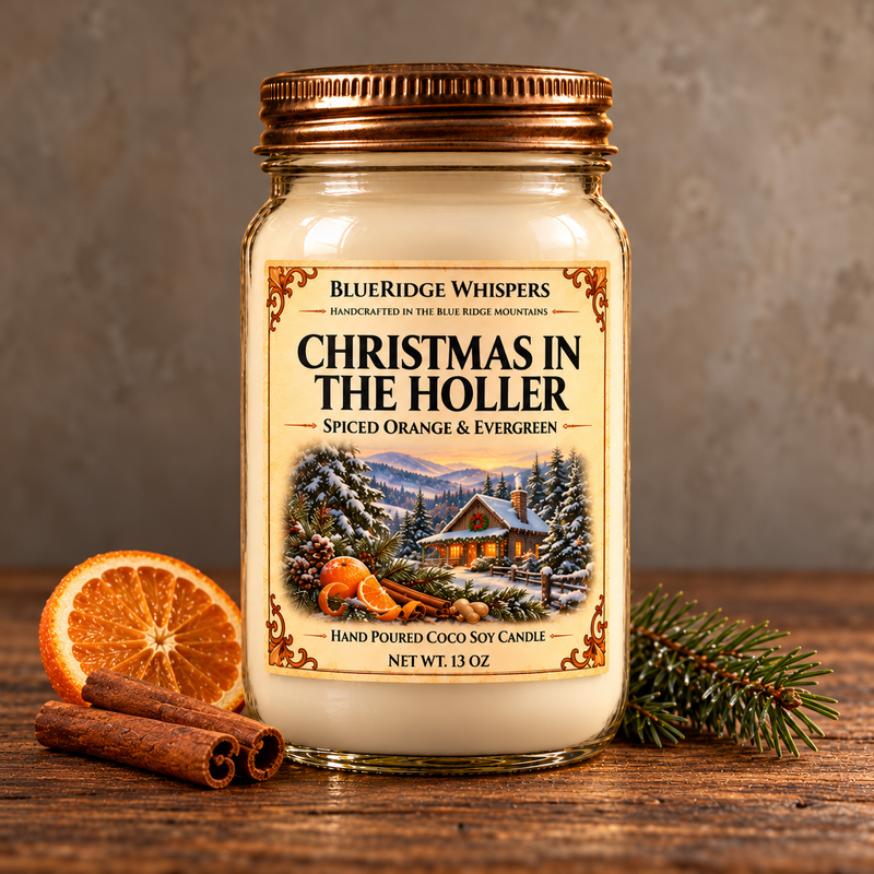 Christmas in the Holler Candle on weathered wood against a neutral plaster wall with small scent accents.