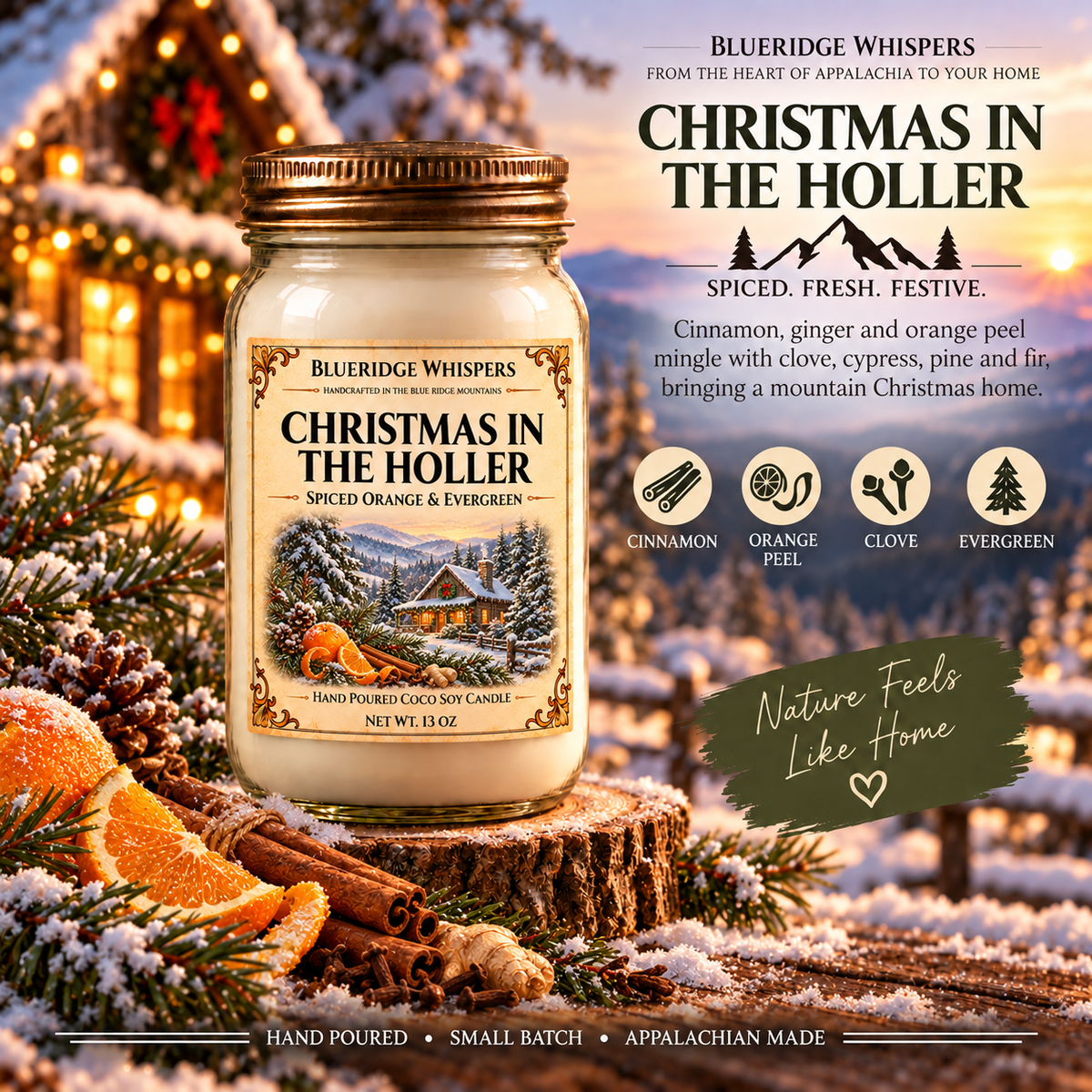 Christmas in the Holler coco-soy candle in the approved mason jar with brass lid, spiced orange and evergreen accents and snowy Appalachian scenery.