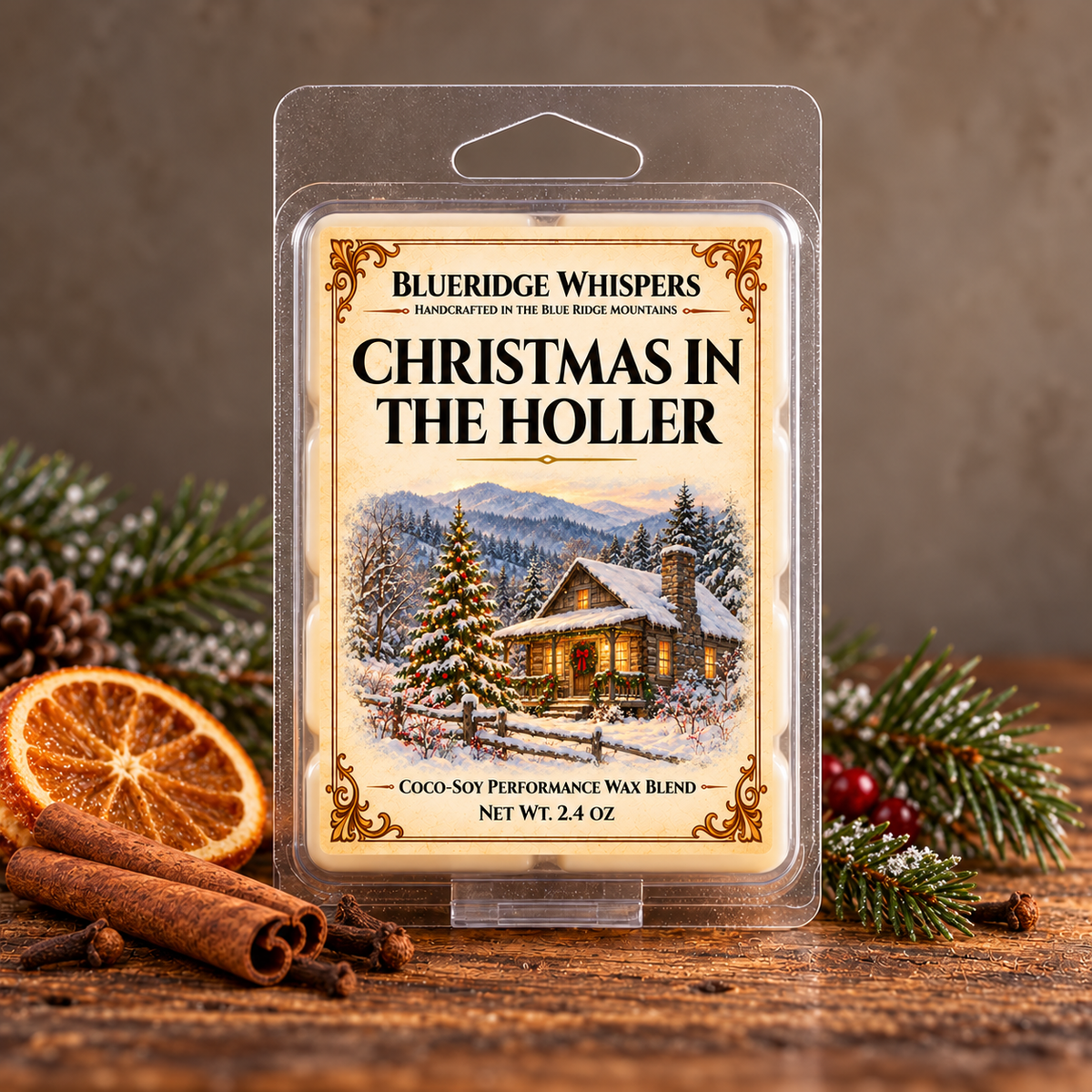 Christmas in the Holler 2.4 oz wax melts in a clear clamshell on weathered wood with cinnamon, orange, cloves, and evergreen accents.