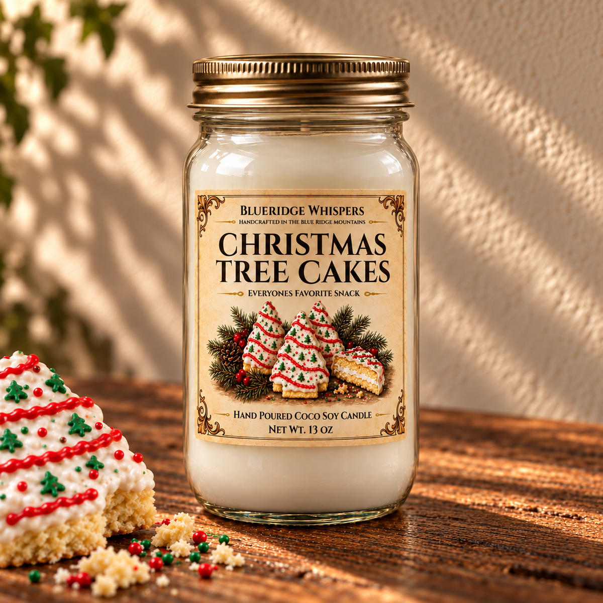Christmas Tree Cake – Vanilla Bakery Coco-Soy Candle on a dark rustic wooden table with scent accents in warm natural light.