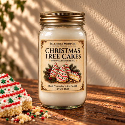 Christmas Tree Cake – Vanilla Bakery Coco-Soy Candle on a dark rustic wooden table with scent accents in warm natural light.