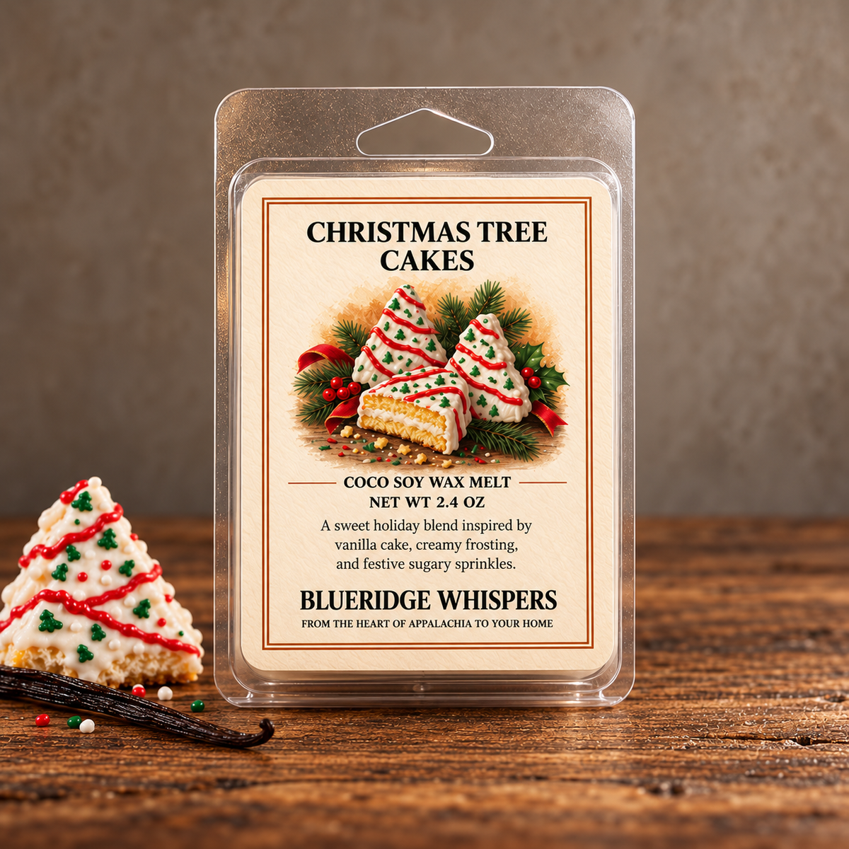 Christmas Tree Cakes Wax Melt on weathered wood against a neutral plaster wall with scent accents.