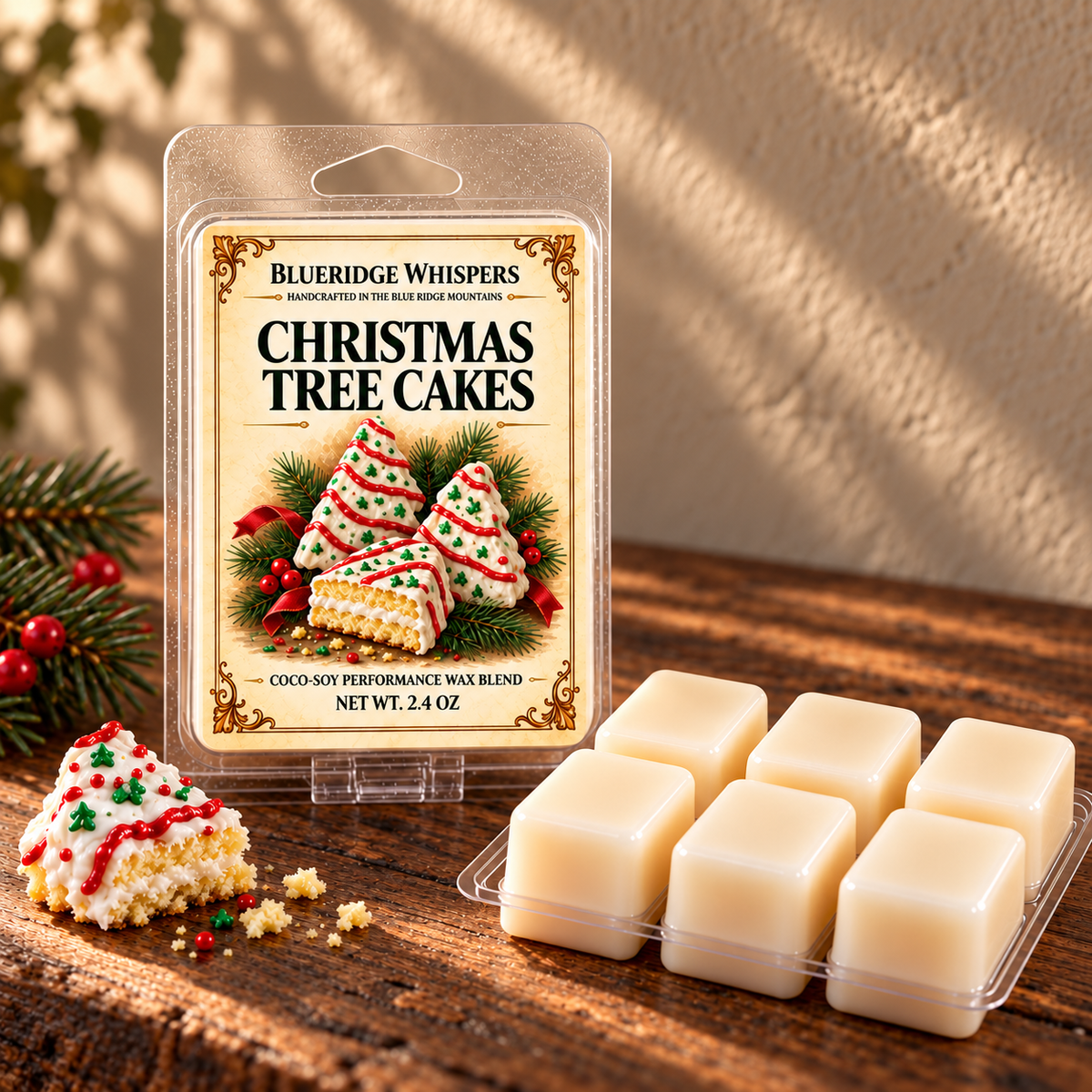 Christmas Tree Cakes Wax Melt on a dark rustic wooden table with scent accents in warm natural light.