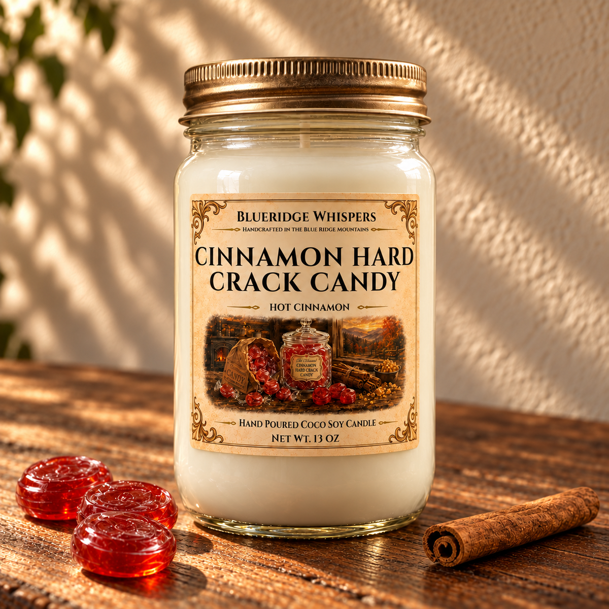 Cinnamon Hard Crack Candy – Spiced Coco-Soy Candle on a dark rustic wooden table with scent accents in warm natural light.