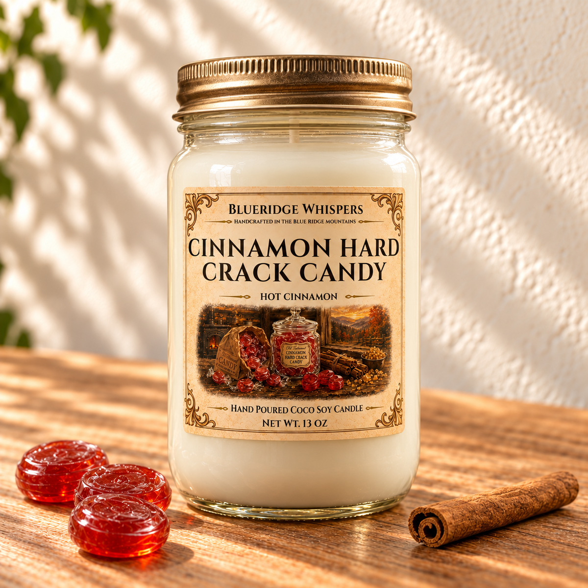 Cinnamon Hard Crack Candy – Spiced Coco-Soy Candle in a tall gold-lidded mason jar on sunlit wood with scent accents.