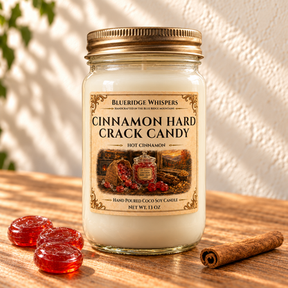 Cinnamon Hard Crack Candy – Spiced Coco-Soy Candle in a tall gold-lidded mason jar on sunlit wood with scent accents.