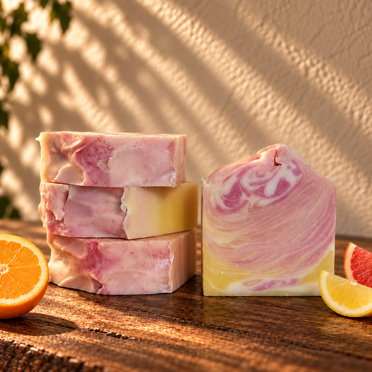 Citrus Sunshine Handcrafted Soap on a dark rustic wooden table with scent accents in warm natural light.