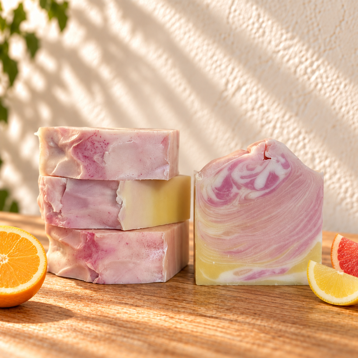 Citrus Sunshine Handcrafted Soap on sunlit wood against an ivory wall.