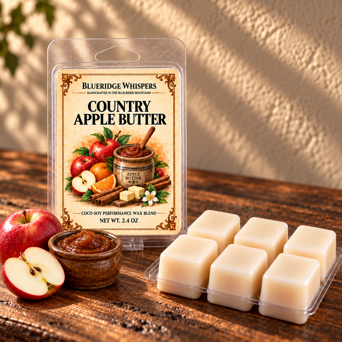 Country Apple Butter Wax Melts on a dark rustic wooden table with scent accents in warm natural light.