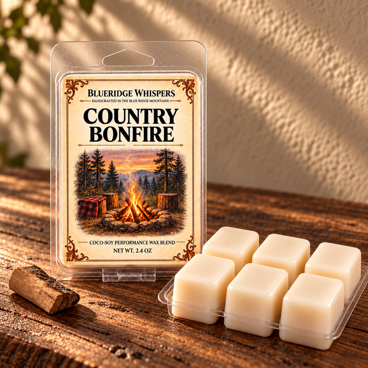 Country Bonfire on a dark rustic wooden table with scent accents in warm natural light.