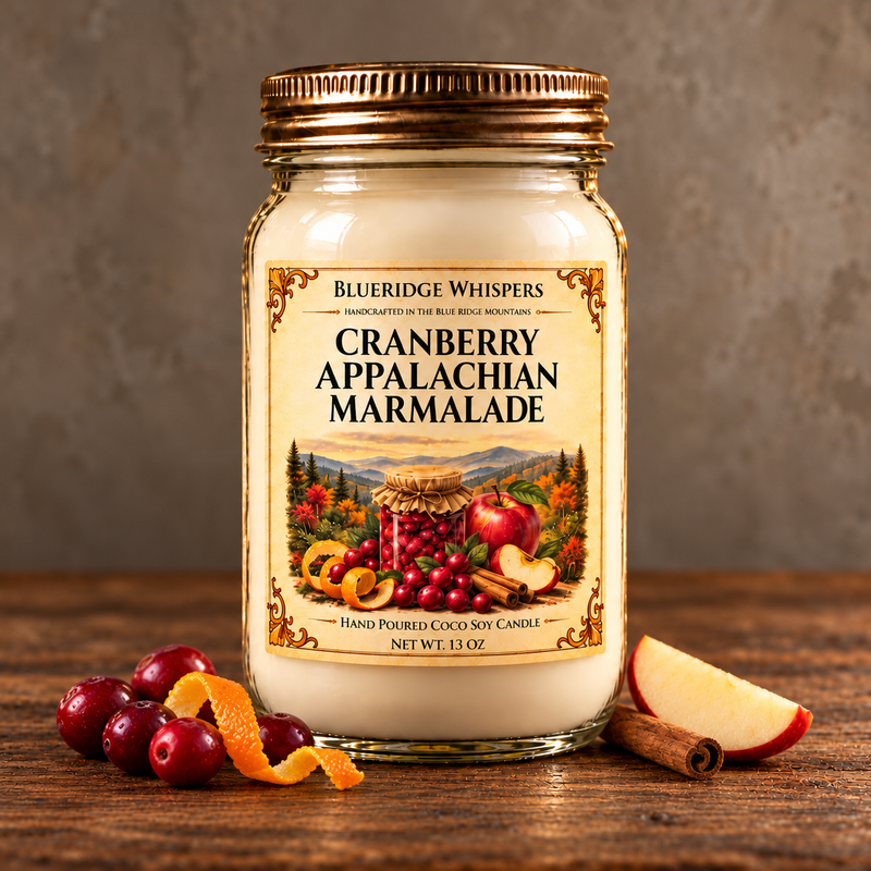 Cranberry Appalachian Marmalade Candle on weathered wood against a neutral plaster wall with small scent accents.