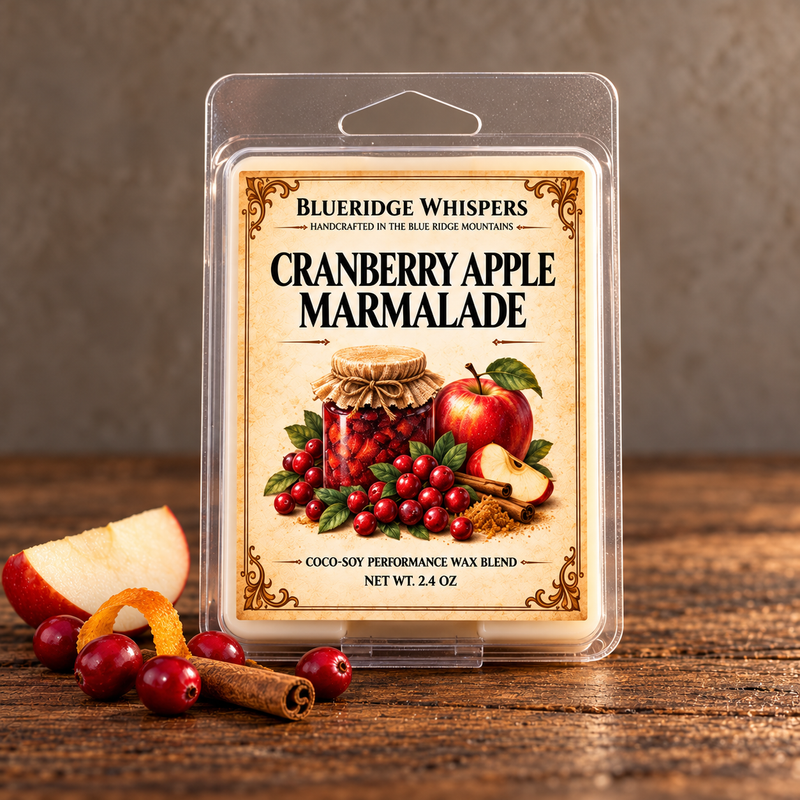Cranberry Appleachian Marmalade Wax Melts on weathered wood against a neutral plaster wall with scent accents.