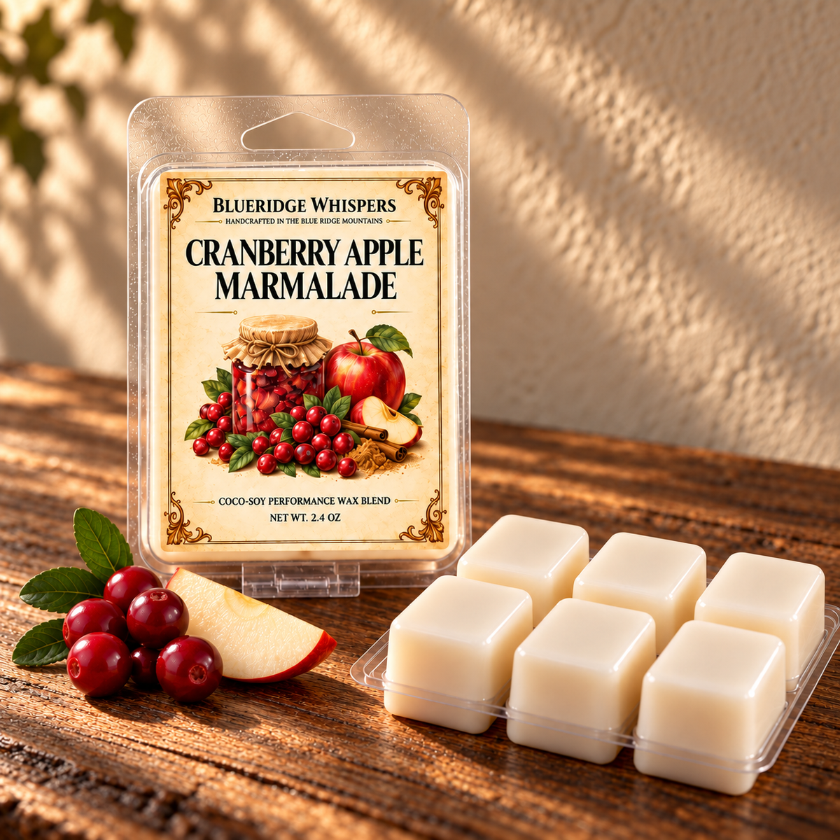 Cranberry Appleachian Marmalade on a dark rustic wooden table with scent accents in warm natural light.