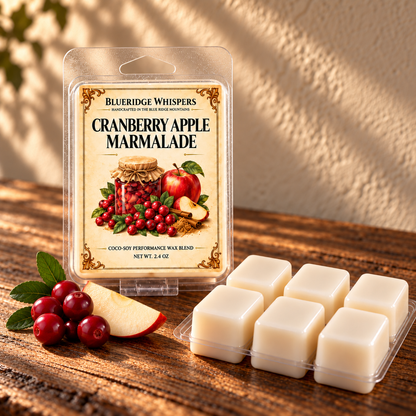 Cranberry Appleachian Marmalade on a dark rustic wooden table with scent accents in warm natural light.